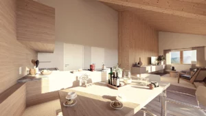 Innenvisualisierung der Wohnanlage Goldegg mit Sichtwände