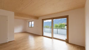 Innenraum einer Holzwohnung im Wohnprojekt Goldegg