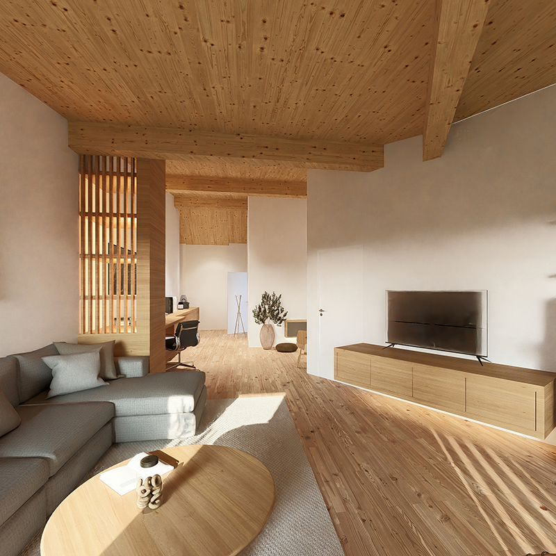 Rendering einer Dachgeschosswohnung in Thalgau. Wohnzimmer im Bild