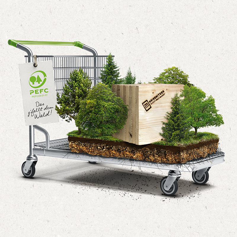 Einkaufskorb mit Bäume und Wandaufbau