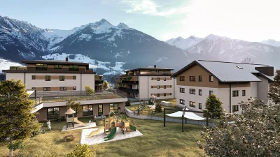 Visualisierung mit 3 Baukörper und Kinderspielplatz in Piesendorf